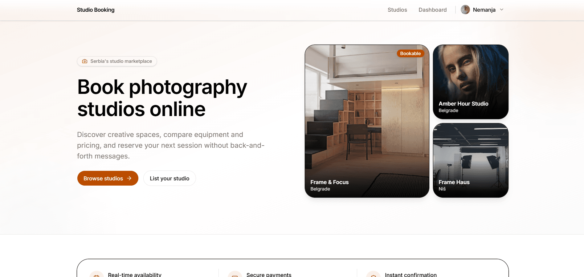 Screenshot of Photography Studio Booking